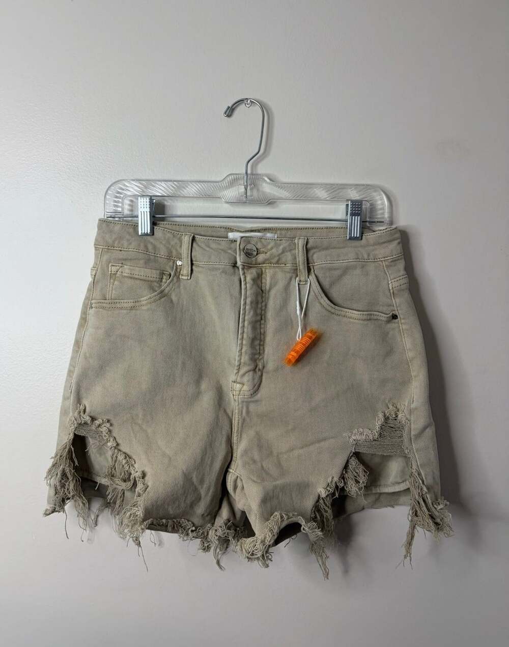 Risen Jeans Khaki Beige Distressed Denim Cut Off Shorts Size L